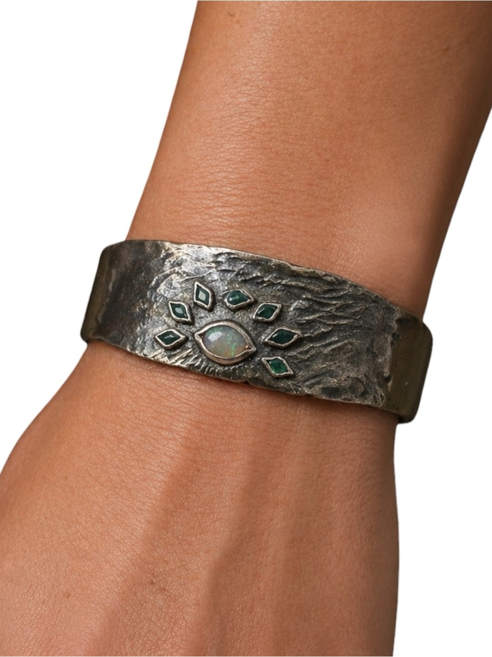 Emerald Opal Eye Silver Cuff